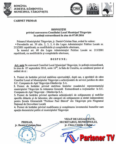 DISPOZIŢIE privind convocarea Consiliului Local Municipal Târgovişte în şedinţă extraordinară în ziua de 7.09.2016