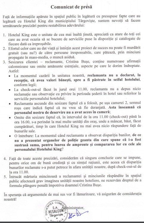 Hotel King lămureşte situaţia furtului din cameră