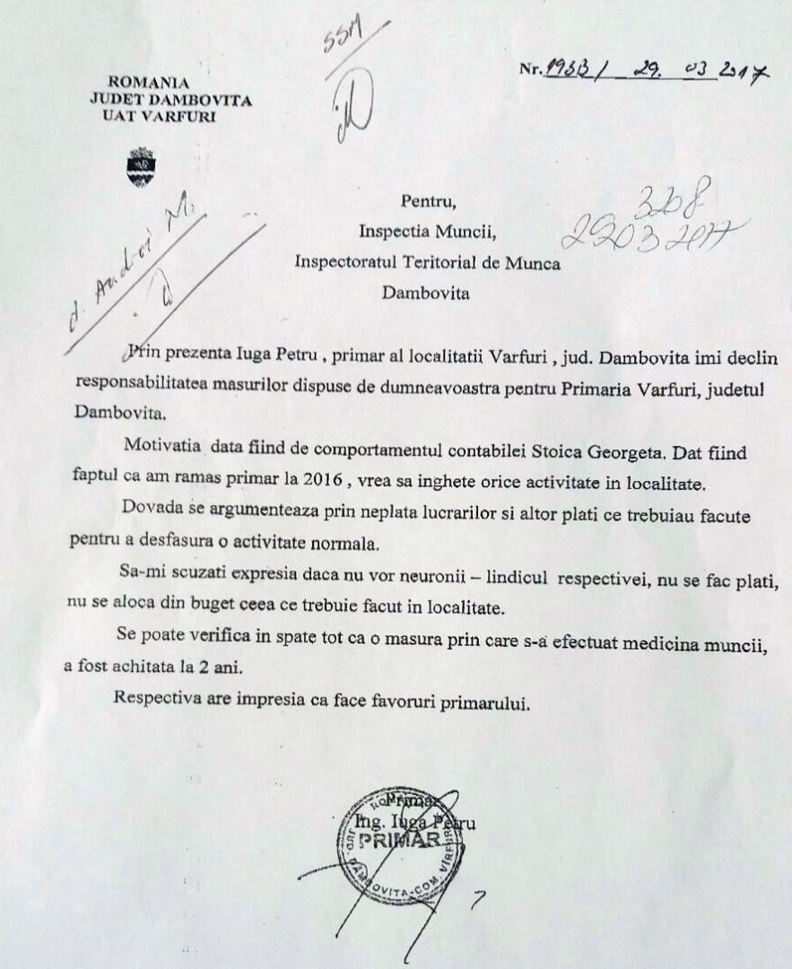 ȘOCANT! Limbajul vulgar al primarului comunei Vârfuri, Petre Iuga, într-o adresă oficială înaintată către ITM Dâmbovița