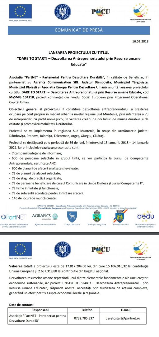 LANSAREA PROIECTULUI CU TITLUL ”DARE TO START! – Dezvoltarea Antreprenoriatului prin Resurse umane Educate”