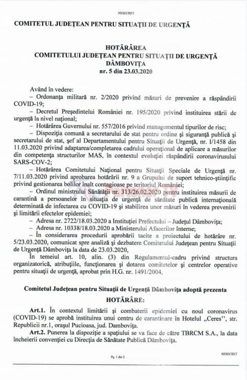 Hotelul Ceres din Pucioasa devine centru de carantină