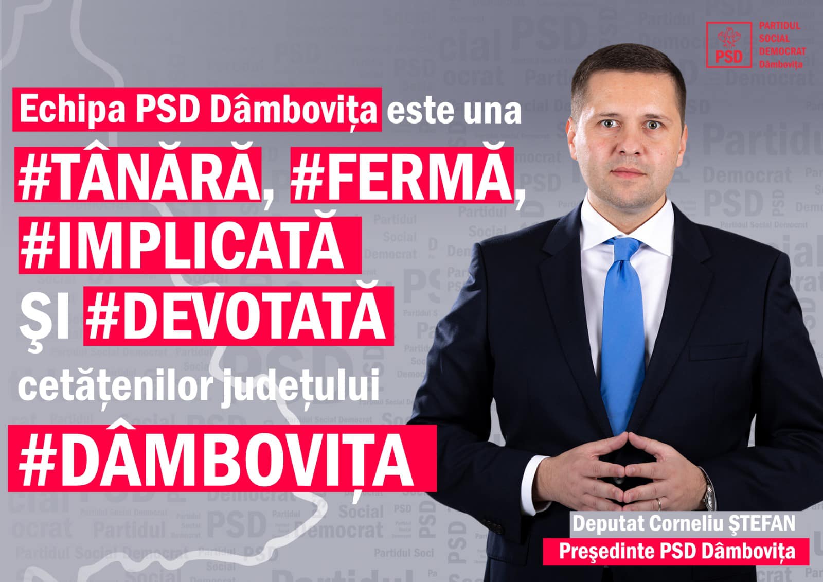 În acestă seară, în cadrul unei conferințe de presă la sediul PSD Dâmbovița, a fost anunțat cadidatul PSD la președinția CJ Dâmbovița pentru alegerile locale din 27 septembrie, în persoana deputatului Corneliu Ștefan care este și președintele Organizației Județene.