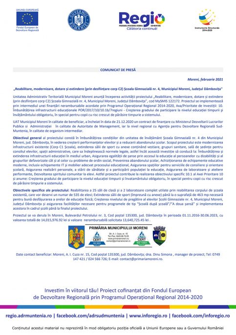 „Reabilitare, modernizare, dotare și extindere (prin desființare corp C2) Școala Gimnazială nr. 4