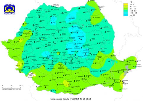 LUNI, 25 OCTOMBRIE 2021,temperaturile maxime între 8 și 16 grade, iar cele minime între -3 și 7 grade