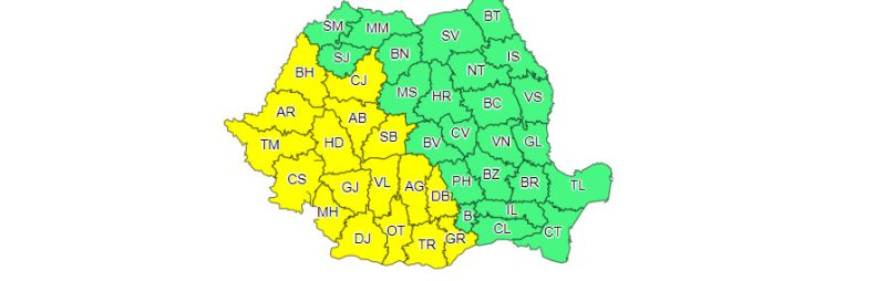 ALERTĂ!ATENȚIONARE METEOROLOGICĂ COD GALBEN de PLOI TORENȚIALE, VIJELII și GRINDINĂ
