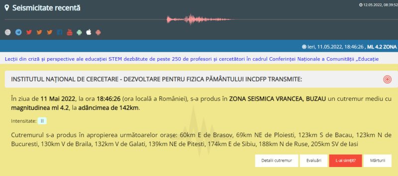 CUTREMUR cu magnitudinea de 4.2 în ZONA SEISMICĂ VRANCEA, BUZĂU