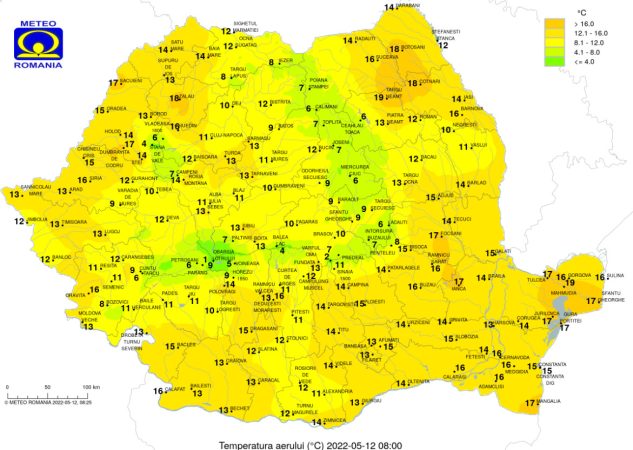 Joi, 12 mai 2022, temperaturile maxime între 22 și 30 de grade, iar cele minime între 8 și 18 grade