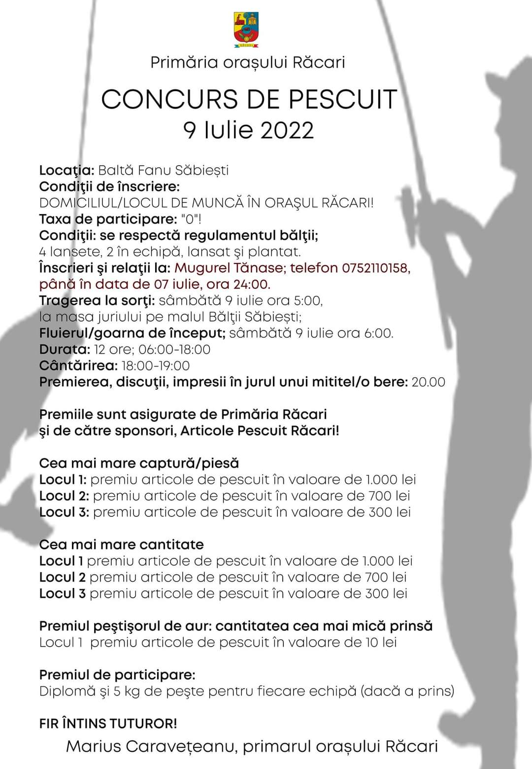 Primaria Răcari lansează invitație la un Concurs de pescuit, 9 iulie 2022, Balta Fanu Săbiești, partener și Articole Pescuit Răcari 