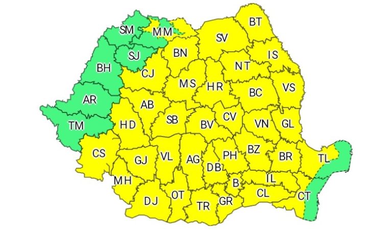ULTIMA ORĂ- ATENȚIONARE METEOROLOGICĂ COD GALBEN de PLOI TORENȚIALE, FURTUNI și GRINDINĂ