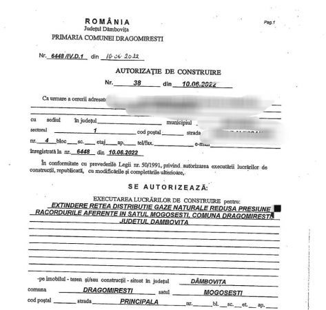 Primaria Dragomirești a emis autorizația de construire pentru executarea lucrărilor de extindere rețea gaze naturale pentru satul Mogosești