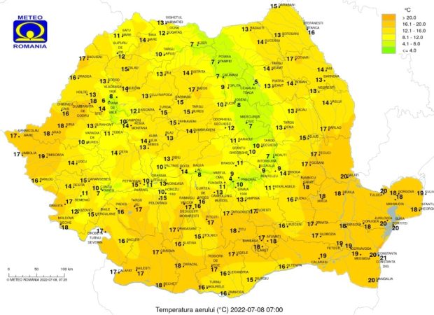 Vineri, 8 iulie, minimele termice se vor încadra între 9 grade în depresiuni și 21 de grade pe litoral