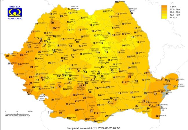 Sâmbătă, 20 august 2022, vreme caniculară dar este valabil un cod galben de furtuni pentru 21 de județe
