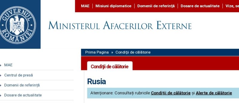 AVERTISMENT, Ministerul Afacerilor Externe (MAE) reaminteşte cu insistenţă tuturor românilor de a evita călătoriile în Rusia