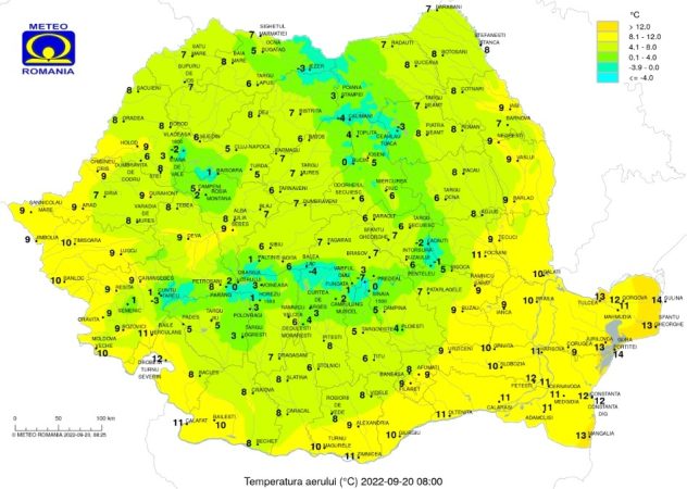 20 septembrie, temperaturile maxime se vor încadra între 10 și 22 de grade, iar cele minime între 2 și 10 grade