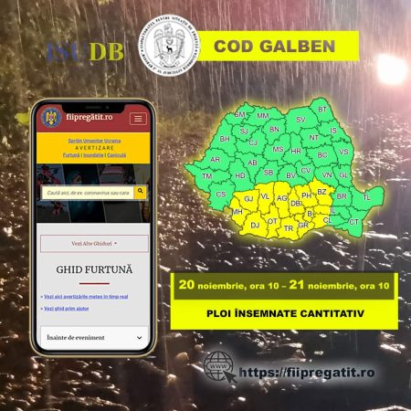 ALERTĂ de gradul zero, tot județul Dâmbovița este sub COD GALBEN de ploi însemnate cantitativ și vânt