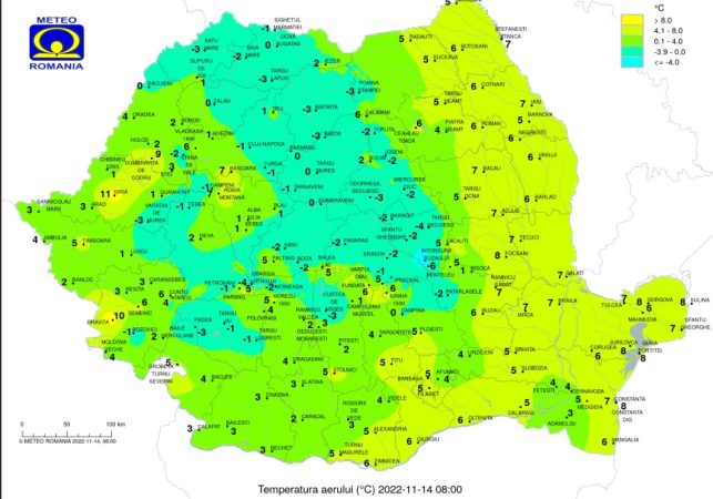 Luni, 14 noiembrie, avem și minime de -1 grad Celsius în unele zone
