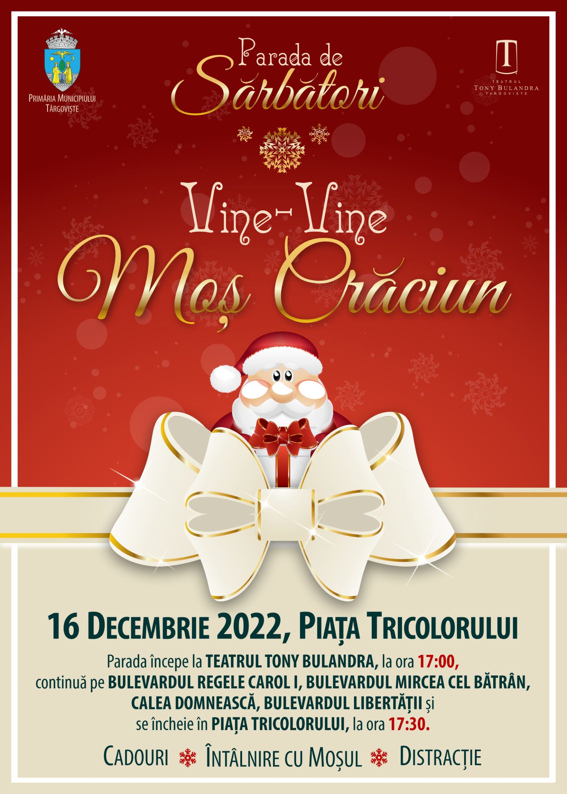 Vine, vine Moș Crăciun la Târgoviște, mâine, la ora 17.00, cu tot alaiul său de spiriduși și acompaniat de fanfară