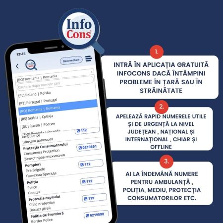 Secțiunea SOS numere de urgență la nivel național și internațional, disponibilă acum și off-line, în cadrul Aplicatiei InfoCons !