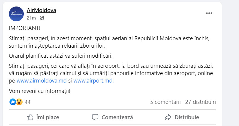 ANUNȚ DE ULTIMĂ ORĂ! Republica Moldova și-ar fi închis temporar spațiul aerian, până la ora 16:00