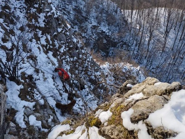 RISCANT! Salvamontiștii au fost solicitați să intervină pentru salvarea unui câine din abruptul Cheilor Mănăstirii din Rameț, ACȚIUNE ÎN DESFĂȘURARE