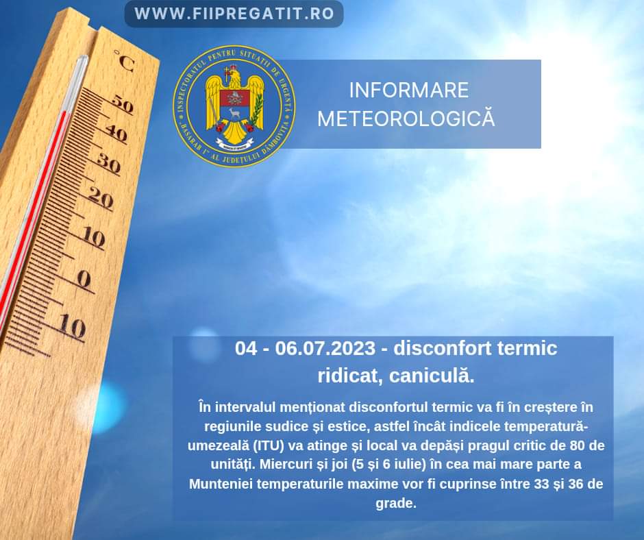 Județul Dâmbovița este sub INFORMARE METEO de CANICULĂ și COD GALBEN de FURTUNI