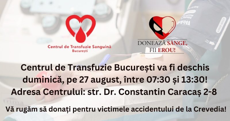 Haideți să ajutăm victimele de la Crevedia,Centrele de transfuzii sunt deschise azi