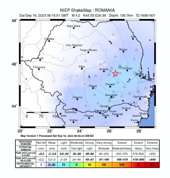 În zona Vrancea s-a produs un cutremur cu magnitudinea de 4,2, la ora 09:16:01 (ora României), în ziua de 16.09.2023, 09:16:01