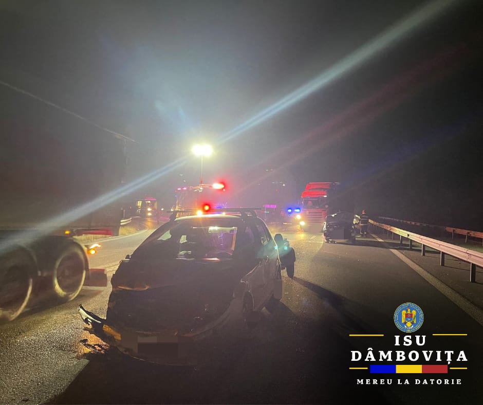 Un eveniment rutier grav a avut loc astăzi în comuna Uliești, pe autostrada A1, la kilometrul 64. Detașamentul de Pompieri Găești și Garda