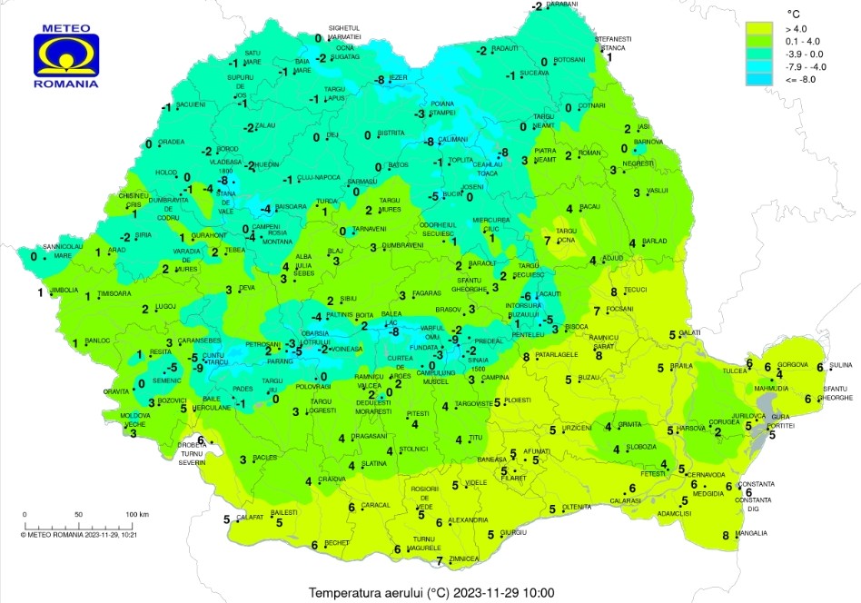 De astăzi, 29 noiembrie 2023, vremea începe să se răcească iar în majoritatea zonelor vor fi intensificări ale vântului cu viteze în general de 55...60 km/h și izolat de peste 70 km/h pe litoral.