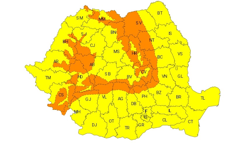 AVERTIZARE METEOROLOGICĂ COD GALBEN pentru tot județul Dâmbovița: Vânt puternic, temperaturi scăzute și precipitații mixte, interval de valabilitate: 22 decembrie, ora: 12:00 – 24 decembrie, ora 10:00