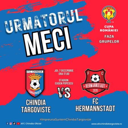 Nu ratați meciul din Cupa României – Grupe: Chindia Târgoviște – FC Hermannstadt
