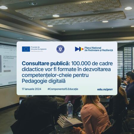 Cu finanțare prin PNRR se pot implementa proiecte privind „Pedagogie digitală pentru cadrele didactice din învățământul preuniversitar” A fost pus în consultare publică Ghidul solicitantului pentru apelul de proiecte „Pedagogie digitală pentru cadrele didactice din învățământul preuniversitar”!