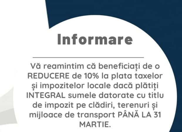 ANUNȚ DE INTERES PUBLIC făcut de Primăria Văcărești: Reducere de 10% pentru cei care își achită taxele locale până la 31 martie 2024 ANUNȚ DE INTERES PUBLIC făcut de Primăria Văcărești: Reducere de 10% pentru cei care își achită taxele locale până la 31 martie 2024.