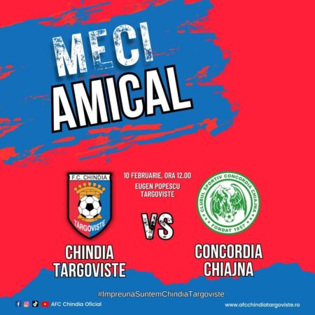 Meci amical:  Chindia Târgoviște - Concordia Chiajna, sâmbată, 10 februarie, ora 12:00, pe stadionul "Eugen Popescu" din Târgoviște 