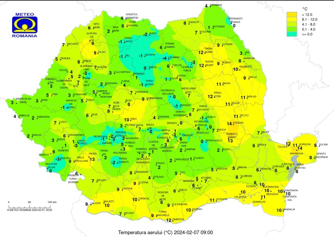 Prognoza meteo pentru astăzi, 7 februarie 2024, vremea se va menține caldă. Temperaturile maxime vor fi cuprinse în general între 10 și 18 grade, iar cele minime între -2 și 9 grade.