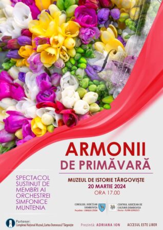  Spectacolul "Armonii de primăvară", primăvara, anotimpul minunat, plin de viață și culoare, va fi sărbătorită de Centrul Județean de Cultură Dâmbovița, prin  acest eveniment. 