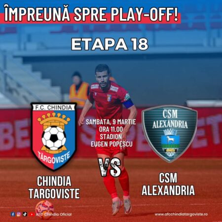 S-au pus în vânzare biletele pentru meciul Chindia Târgoviște – CSM Alexandria S-au pus în vânzare biletele pentru meciul Chindia Târgoviște - CSM Alexandria, 9 martie 2024, ora 11:00, Stadion Eugen Popescu, Târgoviște.