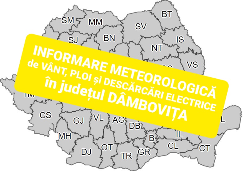 Tot județul Dâmbovița este sub INFORMARE METEOROLOGICĂ de vânt, ploi torențiale și descărcări electrice , interval de valabilitate 21.04, ora 15:00 - 22.04, ora 15:00.