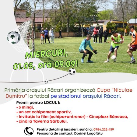 Primăria orașului Răcari organizează Cupa “Niculae Dumitru” la fotbal, pe stadionul orașului Răcari, miercuri, 01.05.2024, ora 09:09