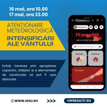 COD GALBEN ce vizează intensificări ale vântului, valabilă până mâine la ora 23.00 COD GALBEN ce vizează intensificări ale vântului, valabilă până mâine la ora 23.00.
