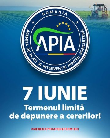 ATENȚIE! Termenul limită de depunere la APIA a cererilor de plată pentru anul 2024 este data de 7 iunie ATENȚIE! Termenul limită de depunere la APIA a cererilor de plată pentru anul 2024 este data de 7 iunie, pentru intervențiile aferente sectoarelor vegetal și zootehnic în Campania 2024!