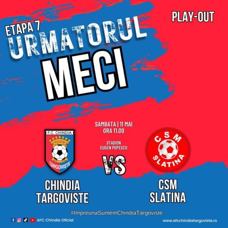 S-au pus în vânzare biletele pentru meciul Chindia Târgoviste vs CSM Slatina din etapa 7, Play-Out, sâmbata, 11 mai, ora 11.00, stadion Eugen Popescu, Târgoviste