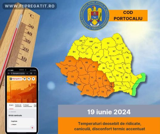 Avertizare meteorologică COD PORTOCALIU de CANICULĂ, valabilă pentru 19 iunie 2024, în întreg județul Dâmbovița Avertizare meteorologică COD PORTOCALIU de CANICULĂ, valabilă pentru 19 iunie 2024, în întreg județul Dâmbovița.