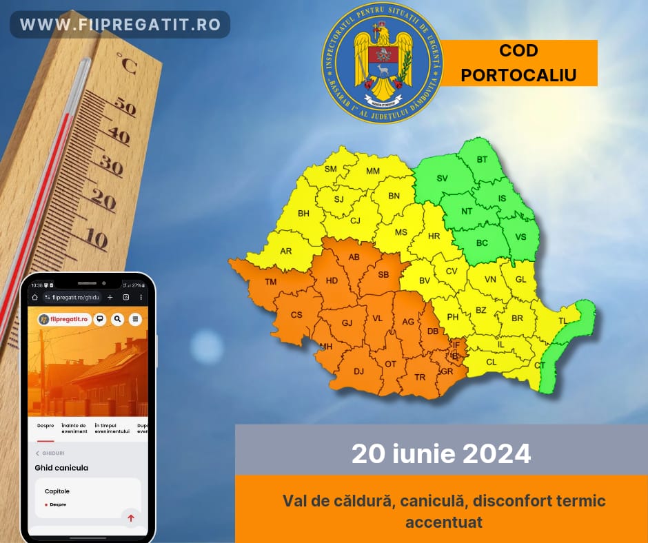 COD PORTOCALIU de CANICULĂ valabil pentru 20 iunie 2024, în tot județul Dâmbovița, maximele se vor situa între