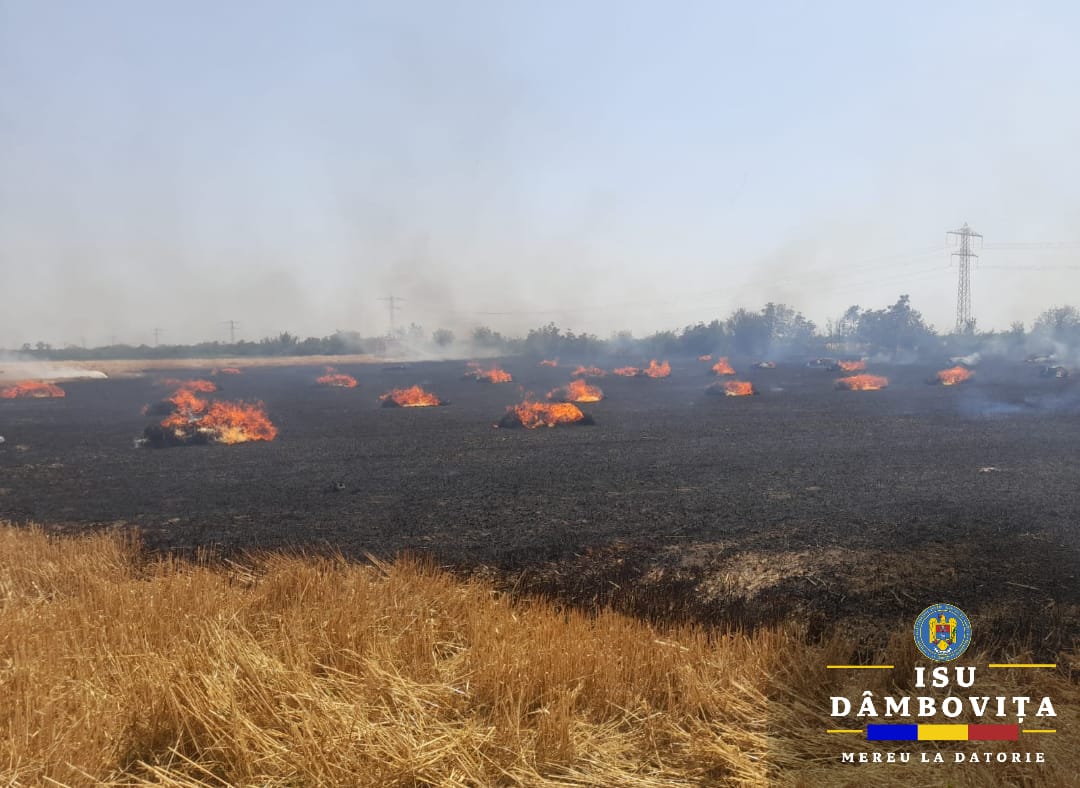 Incendiu de baloți de paie și vegetație uscată în orașul Răcari, Garda de Intervenție Răcari a fost solicitată să intervină. La fața locului