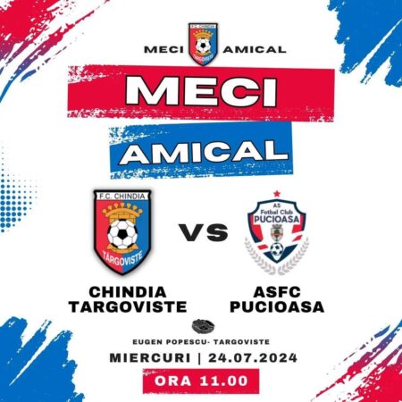 Meci amical, miercuri, 24 iulie 2024, la ora 11:00, pe Stadionul Eugen Popescu din Târgoviște: Chindia Târgoviște – ASFC Pucioasa Meci amical ce va avea loc miercuri, 24 iulie, la ora 11:00, pe Stadionul Eugen Popescu din Târgoviște, echipa Chindia Târgoviște va întâlni ASFC Pucioasa.