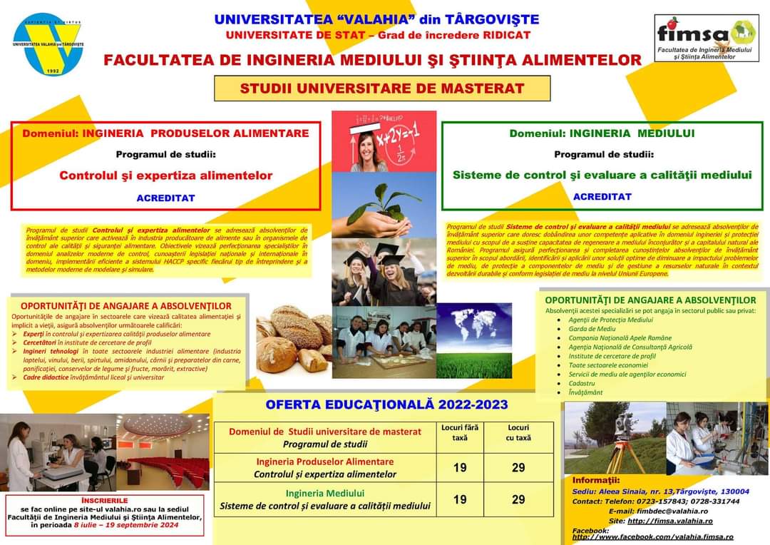 ADMITERE la Facultatea de Ingineria Mediului și Știința Alimentelor din cadrul Universității “Valahia” din Targoviște, sesiunea iulie 2024.