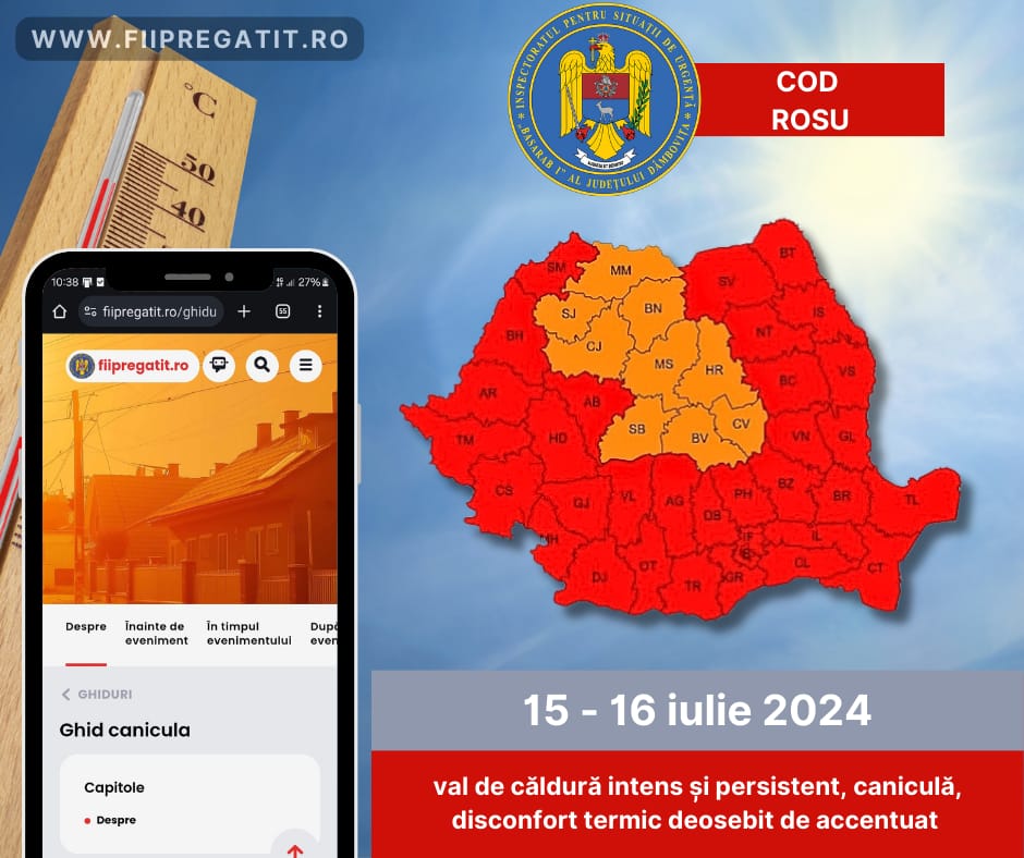 AVERTIZAREA METEOROLOGICĂ COD ROȘU se pregătește pentru județul Dâmbovița pentru intervalul : 14, 15, 16 iulie 3024