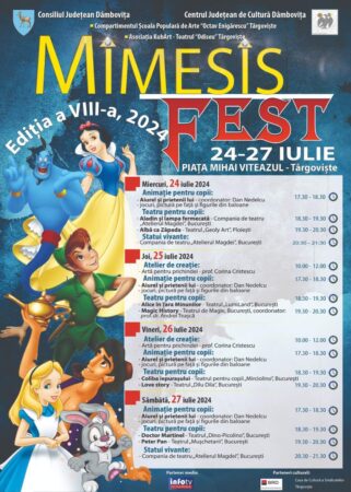 În perioada 24 – 27 iulie 2024, Festivalul de teatru pentru copii „Mimesis Fest” la Târgoviște În perioada 24 - 27 iulie 2024, Centrul Judeţean de Cultură Dâmboviţa va organiza cea de-a VIII-a ediţie a Festivalului de teatru pentru copii