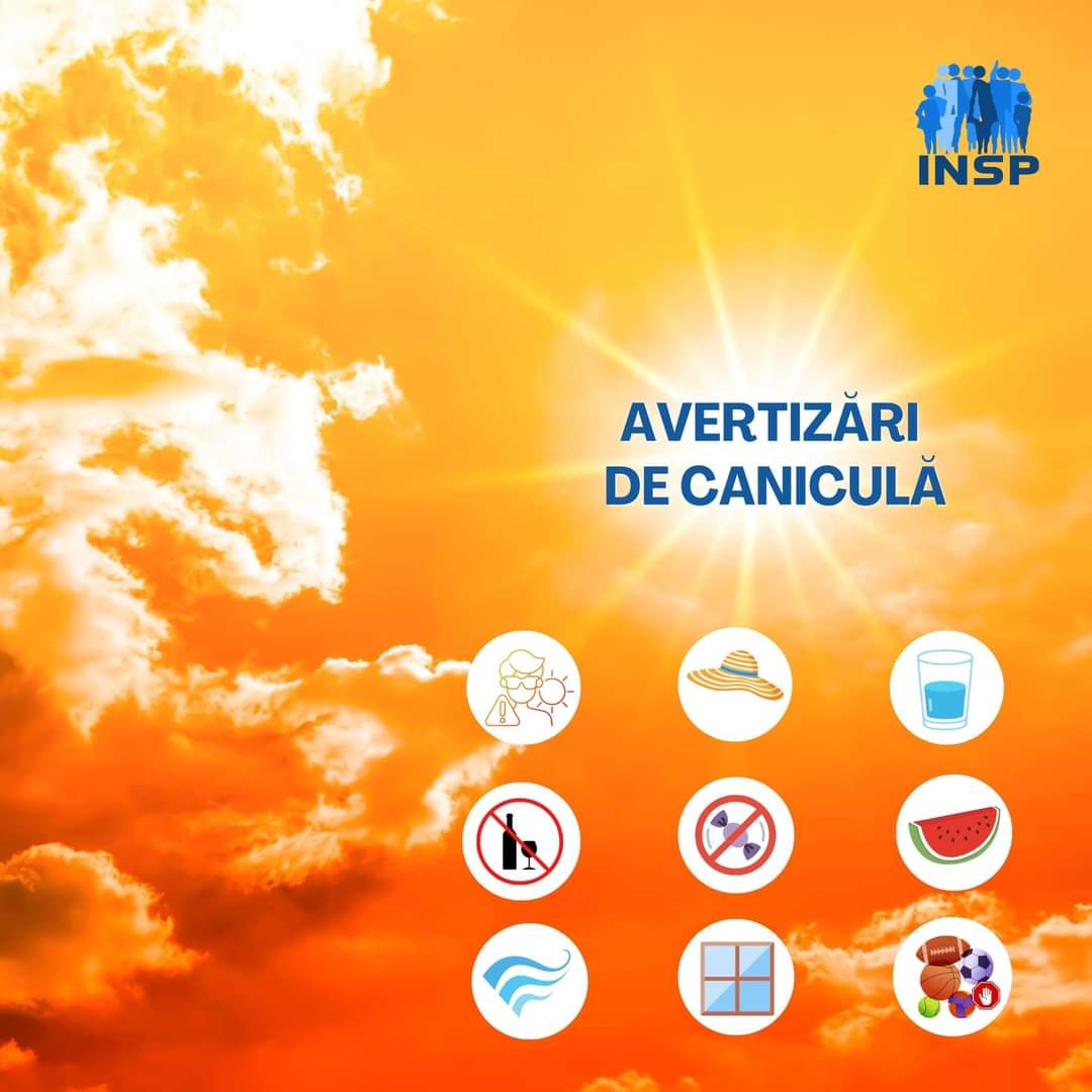 Recomandări privind protecția populației pe timpul caniculei, nu vă  expuneți  la soare, sănătatea vă poate fi afectată.